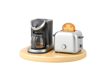Coffee maker and toaster on a wooden stand isolated on transparent background