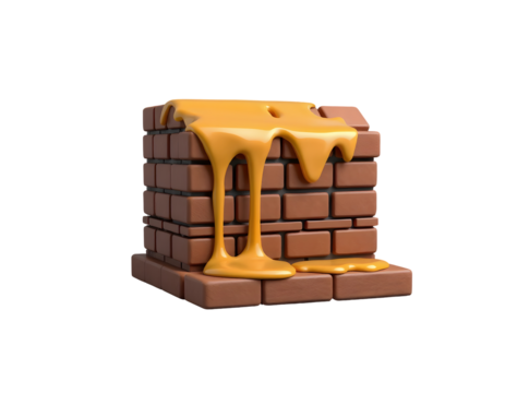 Brick structure with dripping yellow liquid isolated on transparent background