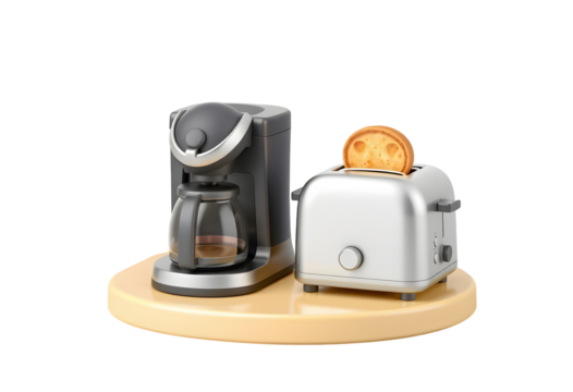 Coffee maker and toaster on a wooden stand isolated on transparent background - Powered by Adobe