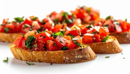 Slices of toasted baguette topped with diced tomatoes, fresh basil, garlic, and olive oil, arranged as vibrant bruschetta on a white surface.