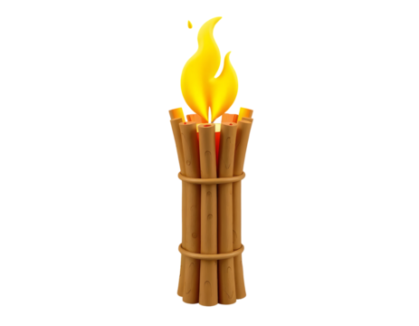 Burning torch with yellow flame isolated on transparent background