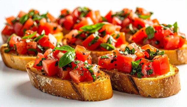 Slices of toasted baguette topped with diced tomatoes, fresh basil, garlic, and olive oil, arranged as vibrant bruschetta on a white surface.