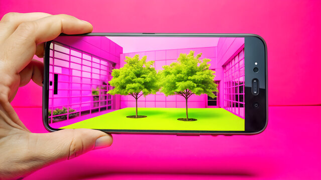 Hand holding smartphone displaying a vibrant, surreal courtyard with green trees against a pink building, concept of augmented reality, digital art, and modern technology.