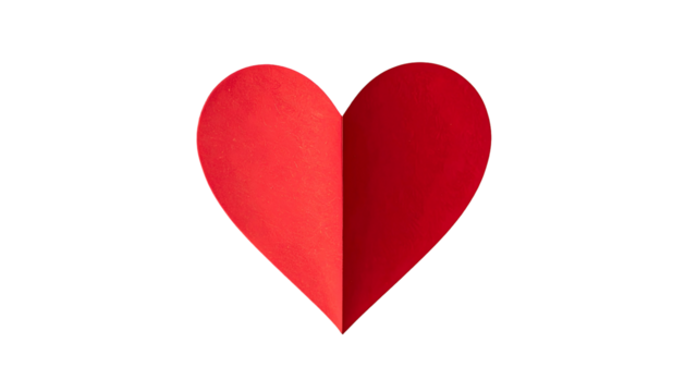 A vibrant red heart shape created from folded paper, set against a stark black background