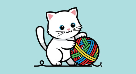 Obraz premium Cartoon cat playing with a colorful ball of yarn on a blue background.