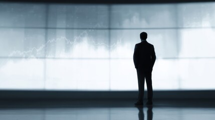 Businessman standing in front of large financial screen, focus and power,