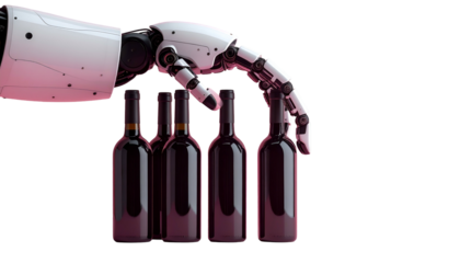 Robotic arm delicately holds a cluster of dark, sleek wine bottles against a solid black backdrop
