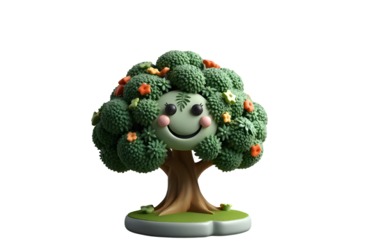 Whimsical smiley face fruit tree isolated on transparent background