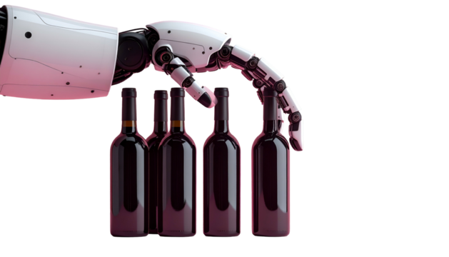 Robotic arm delicately holds a cluster of dark, sleek wine bottles against a solid black backdrop