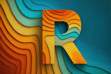 Abstract letter R with wavy lines, colorful gradient background, modern graphic typography, creative three-dimensional design, flowing multicolor pattern, stylish decorative art, isolated on vibrant b