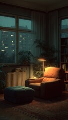 Obraz premium Cozy armchair and ottoman in a room with a large window overlooking a rainy city night, illuminated by warm lamplight.