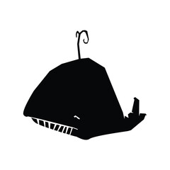 A silhouette of a whale with visible teeth and a water spout against a white background space