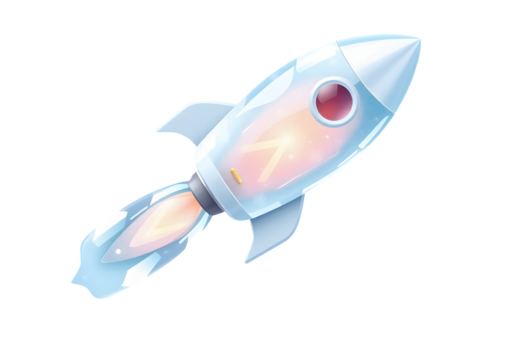 Watercolor rocket ship launching with fiery exhaust isolated on transparent background