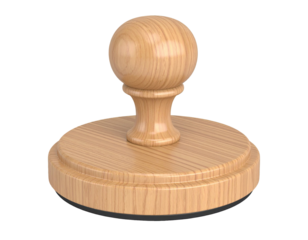 Round wooden stamp with rubber base showing office approval and certification tool isolated on white background