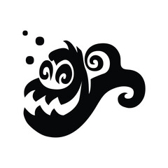 A black silhouette of a cartoon monster with swirls and bubbles on a white background isolated