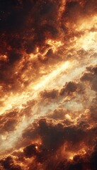 Celestial firestorm: A breathtaking display of glowing nebulous clouds dusted with stardust, creating an awe-inspiring cosmic vista.