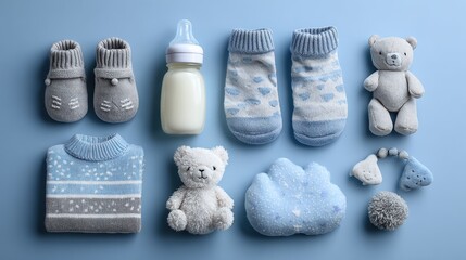 collection of baby items including bottles socks and toys beautifully arranged on a soft blue background perfect for newborn themes
