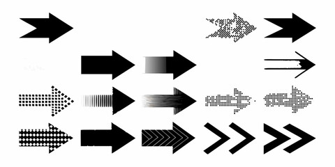 Collection of diverse black arrows with various textures and styles pointing to the right on a white background