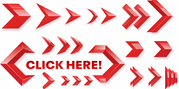 Collection of red 3d arrows and click here button on white background
