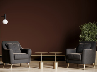 Modern interior design of living room in dark deep maroon burgundy brownish color wall as background mockup. Modern scene lounge room. 3d render