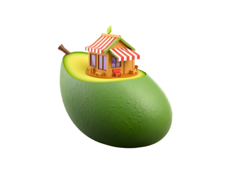 Tiny circus tent inside a halved avocado isolated on transparent background