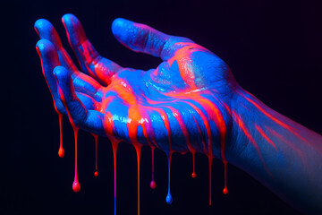 Hand covered in neon blue and red liquid paint, dripping abstract color flow art. Human palm close up with glowing pigment fluid, surreal creative body paint concept. Dark background, modern digital a