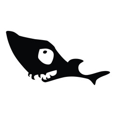 Cartoonish silhouette of a shark with large eye and teeth against a white background graphic image