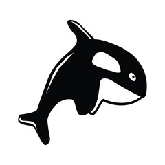 A stylized black and white illustration of an orca with a distinctive eye patch design element