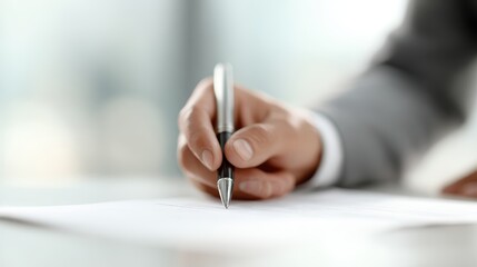 Professional man signing document in bright office, agreement and partnership,