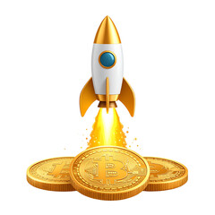 PNG vector of bitcoin coin with rocket blasting off, symbolizing rapid cryptocurrency growth and digital finance surge, perfect for tech and blockchain themed projects