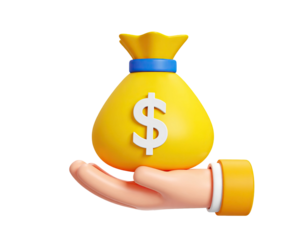 Hand holding money bag icon with dollar symbol showing finance savings and investment concept isolated on white background