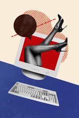 Composite art 3d image collage of businesswoman legs keypad button freelance cyberspace pc monitor...