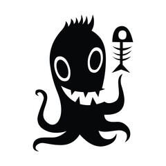 Black silhouette of cartoon octopus holding a fish skeleton on a white background illustration