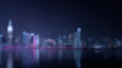 Futuristic city skyline with holographic graphs and data overlay,