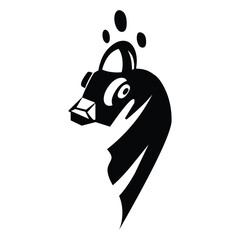 Stylized black and white illustration of a creature with geometric head and floating orbs above