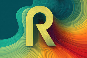 Abstract letter R with wavy lines, colorful gradient background, modern graphic typography, creative three-dimensional design, flowing multicolor pattern, stylish decorative art, isolated on vibrant b