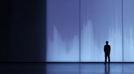 Executive standing before large LED screen showing analytics,