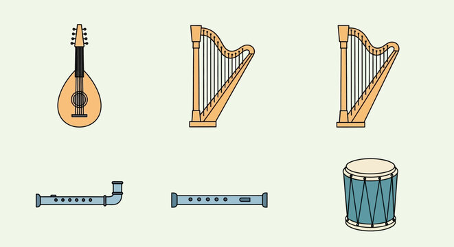 Illustration of six musical instruments lute harps flutes drum on a pale background