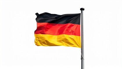 The national flag of Germany waving on a silver flagpole against a plain white background, featuring horizontal black, red, and gold stripes.