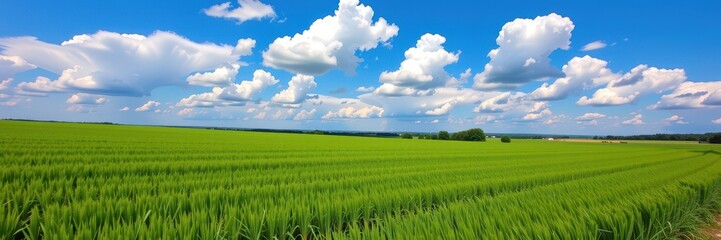 Fototapeta premium Vast green field under a bright blue sky with fluffy white clouds, a serene natural landscape, nature, wide