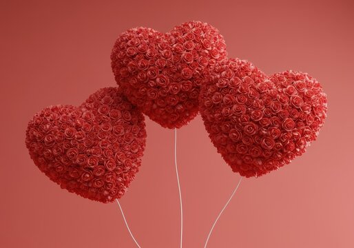 Trois ballons roses en forme de coeur flottant dans l'air, parfait pour les c?l?brations d'amour, de mariage ou de Saint-Valentin ,vacances ,pastel ,joie