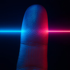 Biometric fingerprint scan technology on human finger, glowing neon blue and red laser light security system. Digital identity verification concept, cyber security authentication interface, futuristic