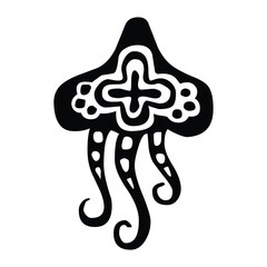 A black and white drawing of a jellyfish with a cross design and curly tentacles isolated on white
