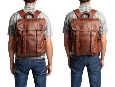 Stylish Brown Leather Backpack Displayed on a Model, Showcasing Its Dual Orientation and Design Features in a Studio Environment isolated on transparent background