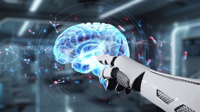 Close up of robotic hand pointing and tapping at brain hologram with blur laboratory background. Robot hand clicking at brain icon to access and connect medical data to diagnosis symptom. Salubrious.