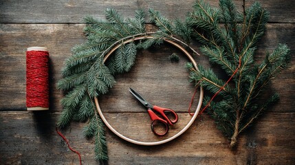 Fototapeta premium diy handmade holiday wreath in progress with hoop fir branches scissors and red tape on wooden table symbolizing festive creativity christmas crafting seasonal tradition and joyful holiday spirit