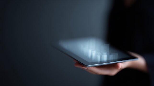 Businesswoman holding transparent tablet with data visualization, - Powered by Adobe