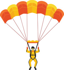 Cartoon skydiver, parachute jump, aerial sport, yellow jumpsuit, red lines, flying action, extreme activity, outdoor adventure, sky illustration, descent control