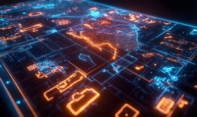 Digital Transformation and Global Data Technology: Futuristic Circuit Board with Glowing Map Overlay, Illustrating Network and Big Data