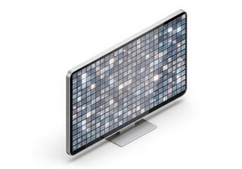 Modern computer monitor displaying digital grid pattern on screen in isometric view